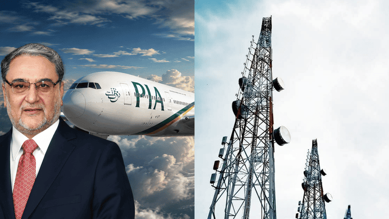 Businessman in front of a PIA airplane, split with tall telecom towers against cloudy sky.