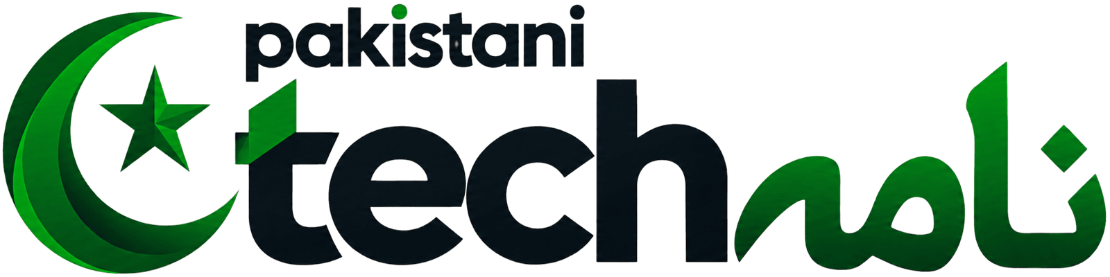 Logo: green crescent and star with dark blue-green “pakistani techno loud” style text.