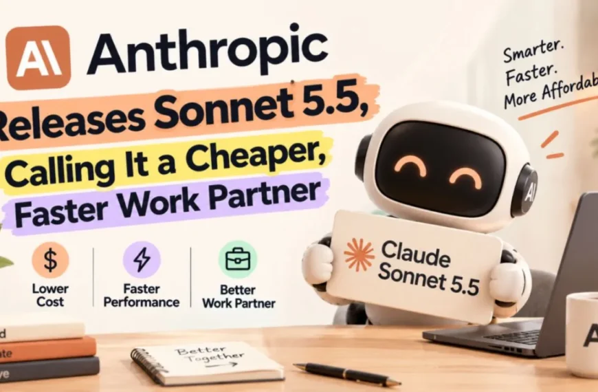 Cute robot holding a Claude Sonnet 5.5 sign at a desk, showing Anthropic's new faster, cheaper AI model