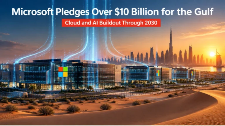 Microsoft office campus with digital data streams and Dubai skyline at sunset, illustrating Microsoft's $10 billion cloud and AI investment in the Gulf region through 2030