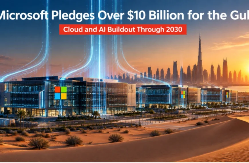 Microsoft office campus with digital data streams and Dubai skyline at sunset, illustrating Microsoft's $10 billion cloud and AI investment in the Gulf region through 2030