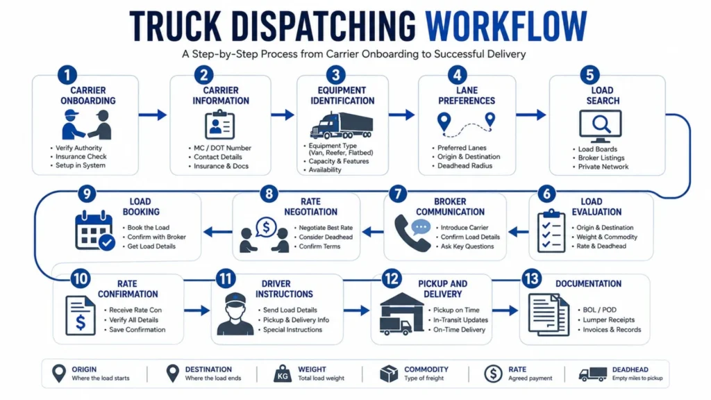 The truck dispatching workflow moves from carrier onboarding and load search to booking, delivery, and documentation.