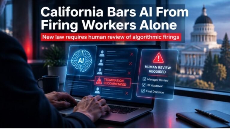 Laptop screen showing an AI system recommending termination alongside a "Human Review Required" checklist, with a state capitol building in the background