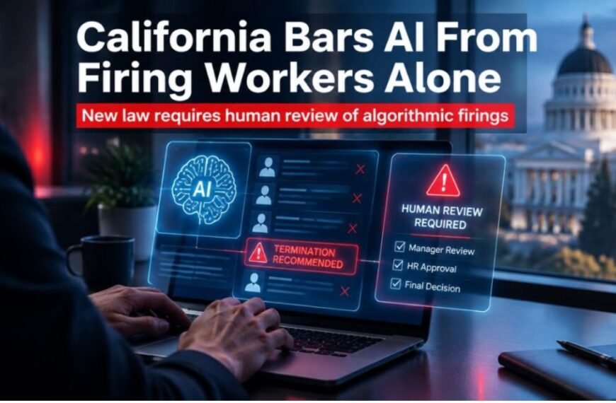 Laptop screen showing an AI system recommending termination alongside a "Human Review Required" checklist, with a state capitol building in the background