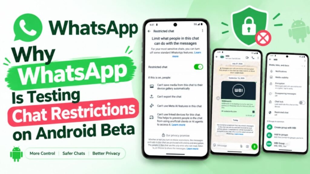 WhatsApp Restricted Chats settings on Android beta, showing a toggle that blocks media saving, exports, Meta AI and linked devices