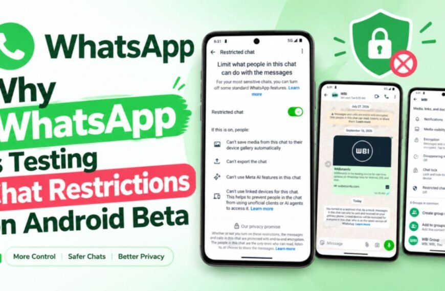 WhatsApp Restricted Chats settings on Android beta, showing a toggle that blocks media saving, exports, Meta AI and linked devices